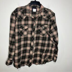 Wrangler brown‎ plaid pearl snap button down shirt size XL